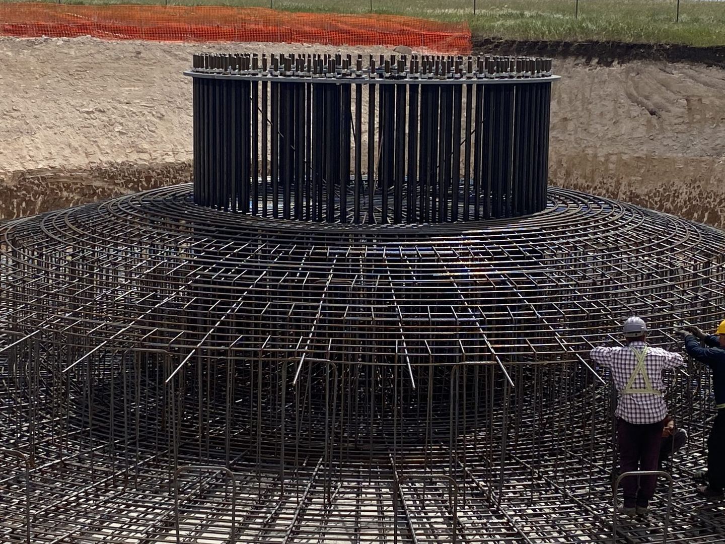 Close-up of wind turbine foundation rebar and anchor cage